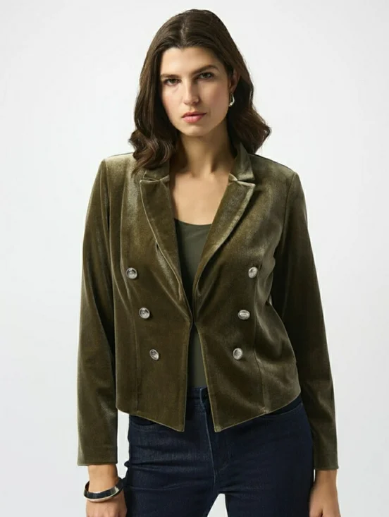 Joseph Ribkoff Olive Velvet Double-Breasted Blazer Jacket - Women - Picture 6 of 11
